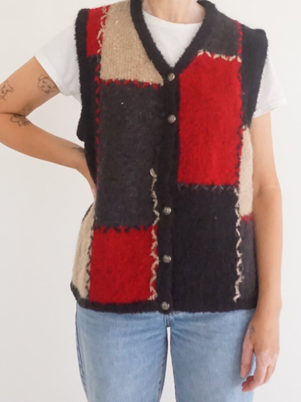 Vintage Christopher Banks Red Black Colorblock Textured Button Sweater Vest XL